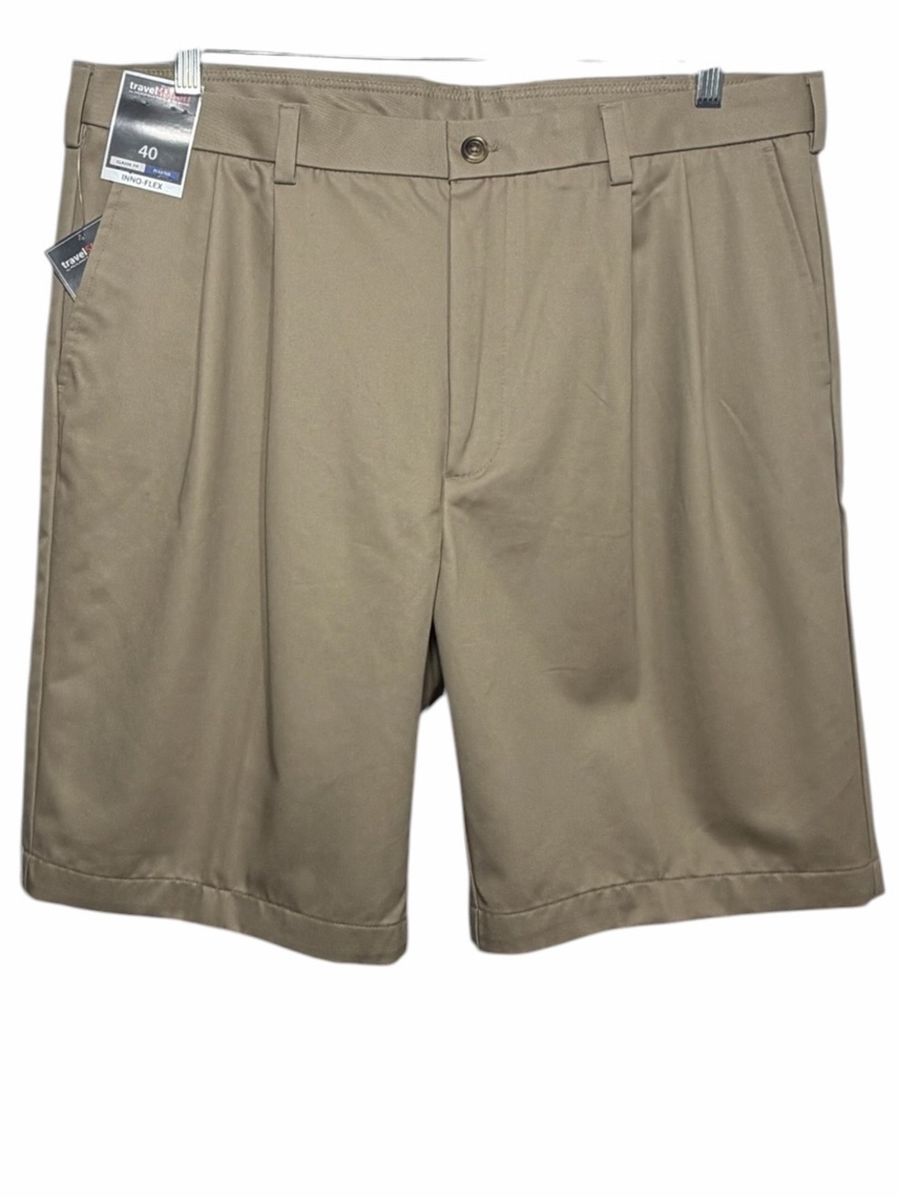 Roundtree & Yorke Mens Travel Smart 40x10 Khaki Pleated Flex Waist Chino Shorts